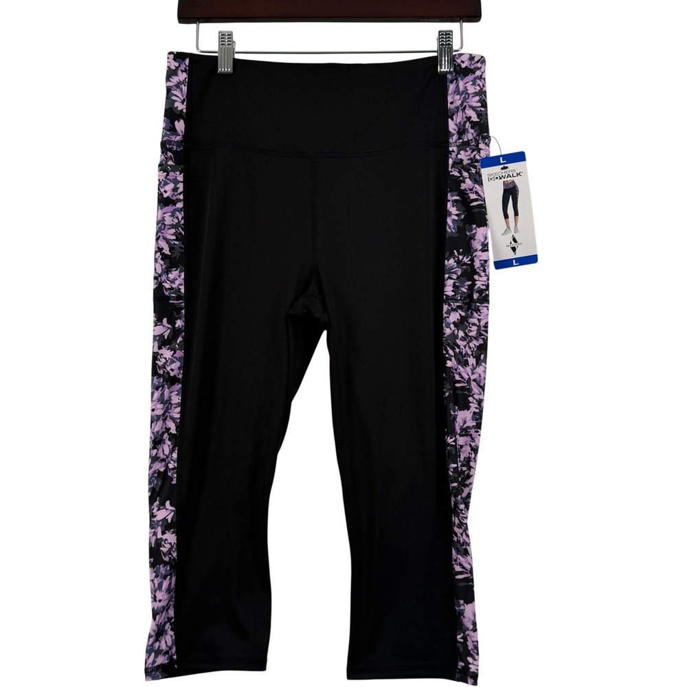 Skechers Womens‎ L GO WALK Capri Leggings Black Purple Floral Side Pocket CP12C